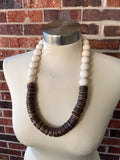White Brown Chunky Wood Long Boho Beaded Statement Necklace - Elena