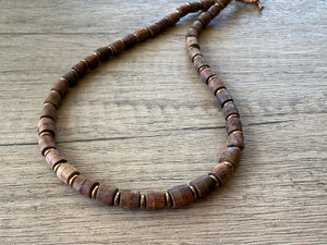 Brown Wood Copper Hematite Beaded Mens Necklace - Soren