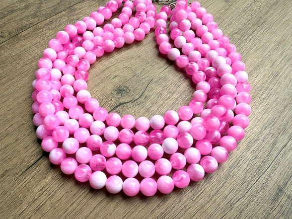 Pink White Acrylic Lucite Big Bead Chunky Multi Strand Necklace - Alana