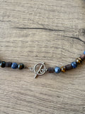 Mens Brown Blue Tigers Eye Wood Stone Beaded Mens Necklace - Sid