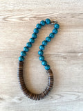 Teal Green Blue Brown Chunky Wood Long Boho Beaded Statement Necklace - Elena