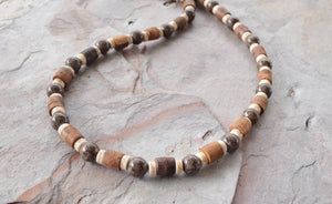 Mens Brown White Wood Bronzite Stone Beaded Surfer Long Short Mens Necklace - Saul