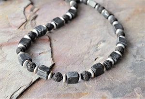 Black Gray Stone Mens Beaded Lava Rock Hematite Long Necklace