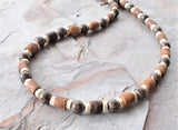 Mens Brown White Wood Bronzite Stone Beaded Surfer Long Short Mens Necklace - Saul