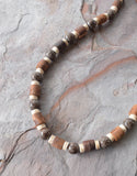 Mens Brown White Wood Bronzite Stone Beaded Surfer Long Short Mens Necklace - Saul