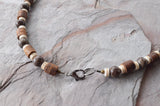 Mens Brown White Wood Bronzite Stone Beaded Surfer Long Short Mens Necklace - Saul