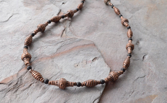 Copper Black Stone Mens Beaded Long Metal Necklace - Atticus