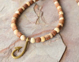 Mens Fishing Hook Wood Beaded Pendant Jasper Stone Necklace - Angler