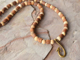 Mens Fishing Hook Wood Beaded Pendant Jasper Stone Necklace - Angler