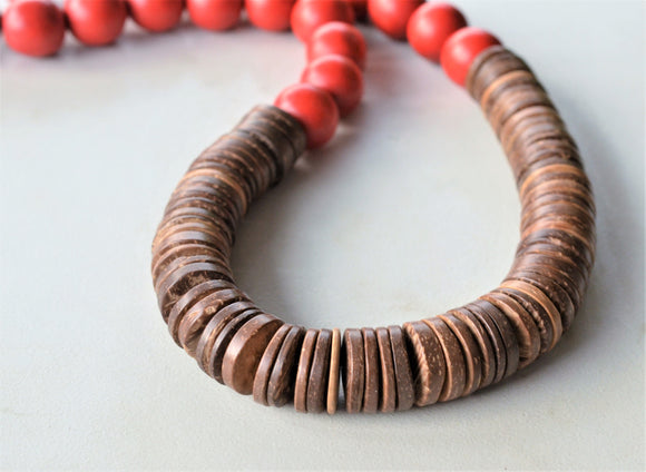 Sienna Red Brown Chunky Wood Long Boho Beaded Statement Necklace - Elena