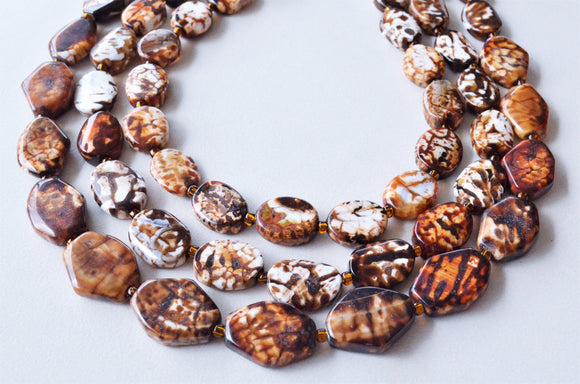 Brown White Statement Stone Beaded Multi Strand Chunky Necklace - Warhol