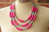 Hot Pink Silver Acrylic Tube Bead Multi Strand Statement Necklace - Tanya