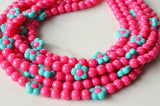 Hot Pink Turquoise Flower Bead Acrylic Chunky Multi Strand Necklace - Marcia