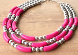 Hot Pink Silver Acrylic Tube Bead Multi Strand Statement Necklace - Tanya