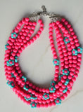 Hot Pink Turquoise Flower Bead Acrylic Chunky Multi Strand Necklace - Marcia