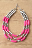 Hot Pink Silver Acrylic Tube Bead Multi Strand Statement Necklace - Tanya