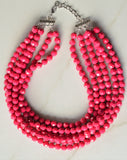 Fuchsia Pink Faceted Beaded Acrylic Lucite Multi Strand Statement Necklace - Evelyn