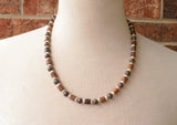 Mens Brown White Wood Bronzite Stone Beaded Surfer Long Short Mens Necklace - Saul