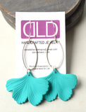 Turquoise Ginkgo Green Leaf Lucite Petal Silver Big Statement Earrings - Avery