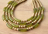 Olive Green Gold Acrylic Bead Multi Strand Statement Necklace - Tanya