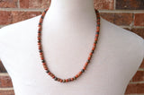 Red Brown Wood Bronzite Stone Beaded Surfer Long Mens Necklace - Saul