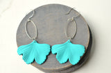 Turquoise Ginkgo Green Leaf Lucite Petal Silver Big Statement Earrings - Avery