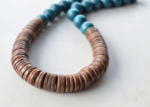 Teal Green Blue Brown Chunky Wood Long Boho Beaded Statement Necklace - Elena
