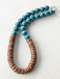 Teal Green Blue Brown Chunky Wood Long Boho Beaded Statement Necklace - Elena