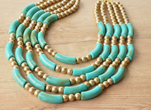Turquoise Green Gold Acrylic Bead Multi Strand Statement Necklace - Tanya