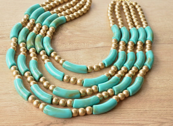 Turquoise Green Gold Acrylic Bead Multi Strand Statement Necklace - Tanya