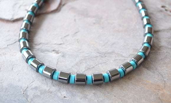 Turquoise Blue Gray Hematite Magnesite Stone Beaded Mens Necklace - Samson