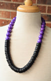 Purple Black Chunky Wood Long Boho Beaded Statement Necklace - Elena