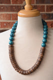 Teal Green Blue Brown Chunky Wood Long Boho Beaded Statement Necklace - Elena