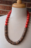 Sienna Red Brown Chunky Wood Long Boho Beaded Statement Necklace - Elena