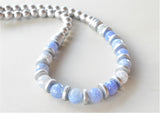 Blue White Silver Long Bead Chunky Agate Wood Statement Necklace - Mollie