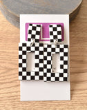Black White Checkerboard Acrylic Lucite Womens Statement Dangle Earrings - Louise