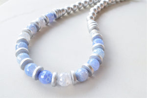 Blue White Silver Long Bead Chunky Agate Wood Statement Necklace - Mollie