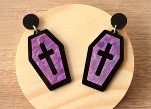 Purple Black Casket Halloween Acrylic Big Dangle Statement Earrings