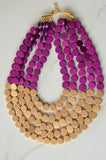 Purple Gold Wood Beaded Chunky Multi Strand Statement Necklace - Regan