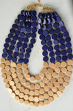 Navy Blue Gold Wood Beaded Chunky Multi Strand Statement Necklace - Regan