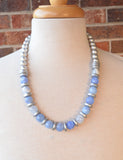 Blue White Silver Long Bead Chunky Agate Wood Statement Necklace - Mollie