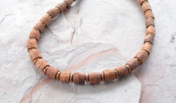 Brown Wood Copper Hematite Beaded Mens Long Short Necklace - Soren