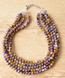 Purple Yellow Statement Beaded Chunky Faceted Stone Necklace - Tara