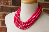 Fuchsia Pink Faceted Beaded Acrylic Lucite Multi Strand Statement Necklace - Evelyn