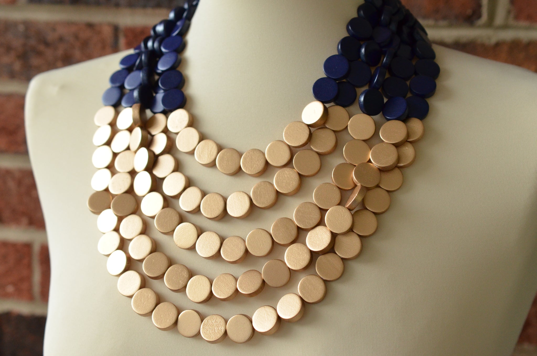 Navy Blue Gold Wood Beaded Chunky Multi Strand Statement Necklace Re Dana LeBlanc Designs
