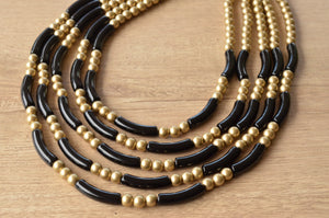 Black Gold Gold Acrylic Tube Bead Multi Strand Statement Necklace - Tanya