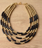 Black Gold Gold Acrylic Tube Bead Multi Strand Statement Necklace - Tanya