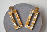 Mustard Yellow White Statement Big Lucite Geometric Acrylic Large Earrings with overall length of 2.25" & width of .75" and gold surgical steel posts.