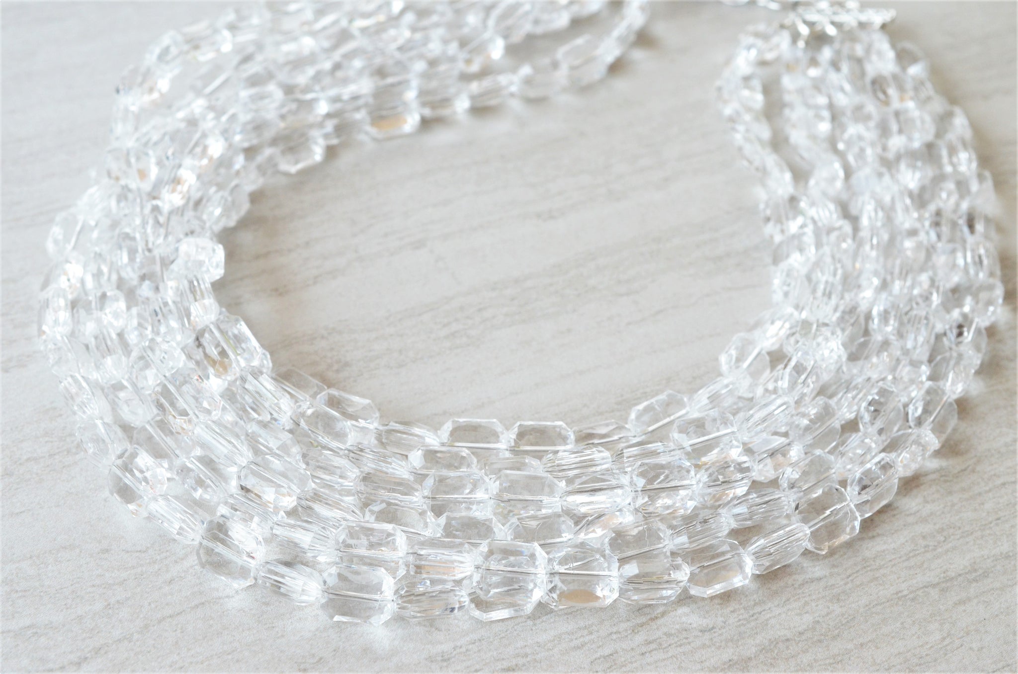Clear Faceted Lucite Beaded Statement Multi Strand Chunky Necklace