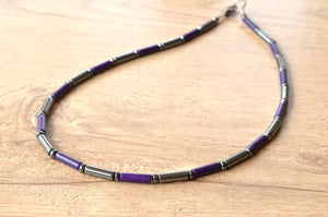 Mens Purple Gray Thin Hematite Magnesite Beaded Long Short Necklace - Wyatt